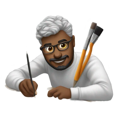👨‍🎨📱✍️ A creative man is focused, drawing on an iPad with a stylus. , using the iPad placed on a table. with art tools like brushes and pencils around him. 🎨 sticker