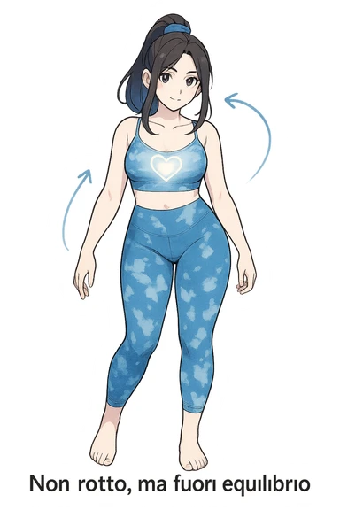 stile manga a woman stands in a relaxed pose, with a gentle, confident expression. Her body is shown with subtle, curved lines or arrows indicating areas of imbalance (such as a slight tilt in the shoulders or hips), but no signs of injury or damage. A soft glow or heart symbol at her core emphasizes resilience and the message “Non rotto, ma fuori equilibrio” The background is clean and clinical, with light blue tones. sticker