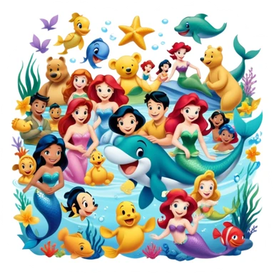 Icon for Animated Characters: A colorful, large-scale collage of beloved cartoon characters, including Franco, Mickey Mouse, Winnie-the-Pooh, Ariel the Little Mermaid, Jasmine and others. Bright and vibrant, full of whimsical charm. Transparent background. sticker