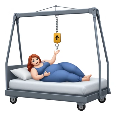 Extremely large women in bed being lifted by a crane sticker