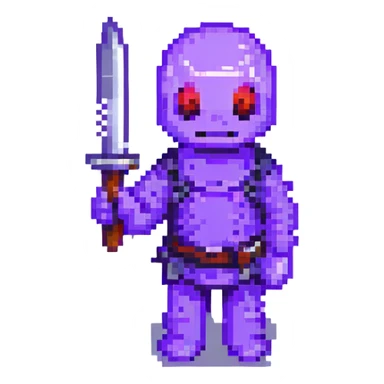 Purple Guy from FNAF, pixel art, holding a knife sticker
