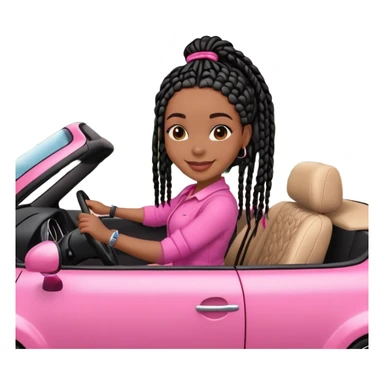 A dark-skinned Black woman with black box braids, driving a pink car sticker