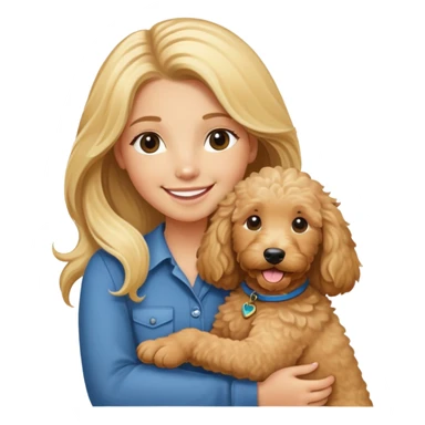 blonde girl long hair smiling holding tan goldendoodle sticker