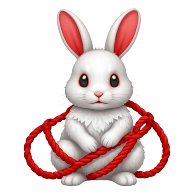 White realistic bunny with red ropes tangled tightly around sticker