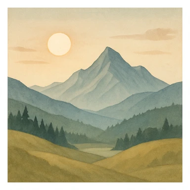 simple mountain landscape with sun, peaceful and scenic, general style sticker