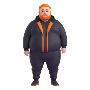 Extremely fat man with orange hair wearing black tracksuit with orange lines sticker