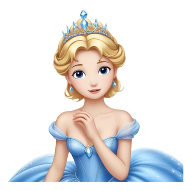 Cinematic Stunning Cinderella Portrait Emoji, Radiant in her sparkling blue ball gown, golden hair in a perfect updo, soft blue eyes full of wonder, glistening tiara, glowing with an ethereal beauty, regal yet kind, a dreamlike aura surrounds her, capturing the essence of a fairy tale princess, elegant and breathtaking! sticker