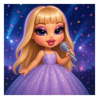 Pretty and girly Blonde pop star with bangs wearing a sparkly tulle light purple ballgown, holding a bedazzled microphone, reimagined as a cute Bratz doll, with a nighttime concert backdrop with colorful confetti sticker