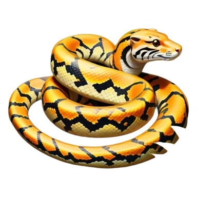 Tiger python coiled up on the ground, blending with the dense jungle foliage. Its distinct orange and black stripes stand out against the vibrant green of leaves and plants. Sunlight filters through the trees, highlighting the snake's patterned scales. Transparent background. sticker