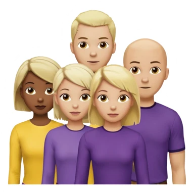 5 person team; 2 men and 3 women.  All dressed in yellow or purple.  1 caucasian woman with blonde mid length hair. 1 caucasian woman with blonde short length hair. 1 caucasian woman has ash blonde hair tied up. 1 man is African-american and bald, 1 man is caucasian and very little hair left.  
 sticker
