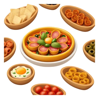 Cinematic Realistic Tapas Dish Emoji, depicted as an assortment of small, flavorful Spanish appetizers rendered with vibrant detail and warm, inviting lighting. sticker