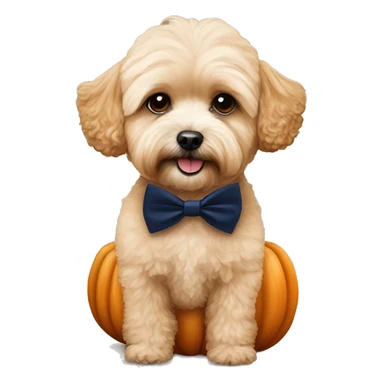 apricot maltipoo sitting on a large pumpkin wearing a navy blue bow tie sticker