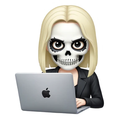 female Punisher skull with eyelashes working on a laptop sticker