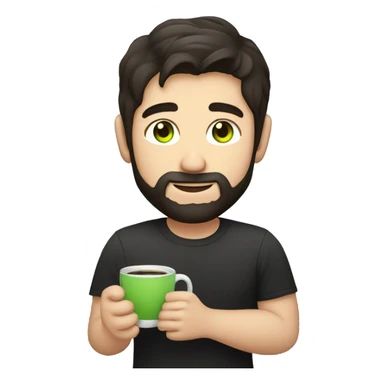 Handsome man with dark hair, holding an cup of coffee, gradient short hair on the side, green eyes. Thin face. Black t-shirt. A little beard. sticker