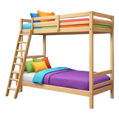 "Cozy bunk bed in a bright bedroom, wooden frame, colorful bedding, small ladder, soft natural light, realistic and detailed." sticker