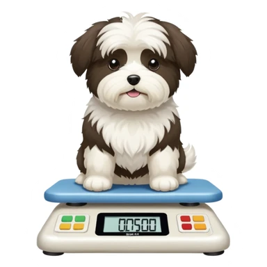 White havanese dog stepping on a scale that reads “:( fat :(“ sticker