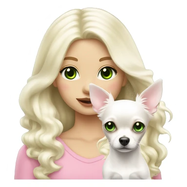pale blond girl with wavy long platinum white hair with bright green eyes holding a white chihuahua that wearing a pink bow sticker
