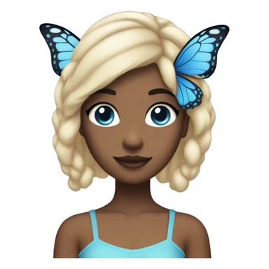 a girl with big black eyes and lightskin with jetblack butterfly cut hair and with blue fairy costume sticker