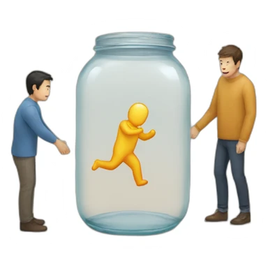 a glass jar standing on the floor between two man's feet sticker