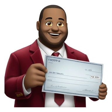 fat guy in dark red velvet suit holding cheque sticker