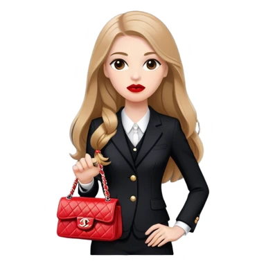 White girl with light brown long hair dressed up in black chanel suit with a chanel bag and red lipstick sticker