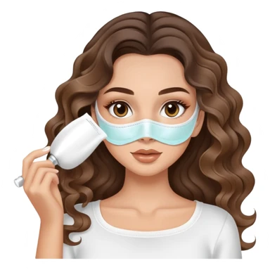 beautiful brunette with a light balayage white girl with nice curls/defined waves, very long hair, clean girl makeup APPLYING A FACE MASK FOR SELFCARE sticker
