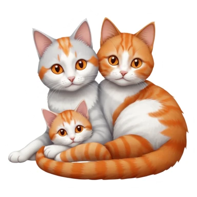 full body of a grey and white cat cuddling a very small + skinny ginger and white kitten with deep orange eyes and triangular shaped face lying down sticker
