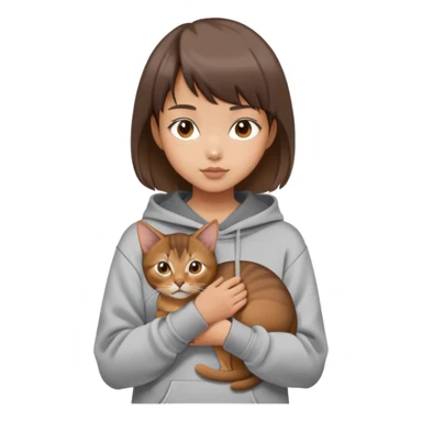 a asian girl with short brown hair and bangs holding an Abyssinian cat， wearing grey hoodie sticker