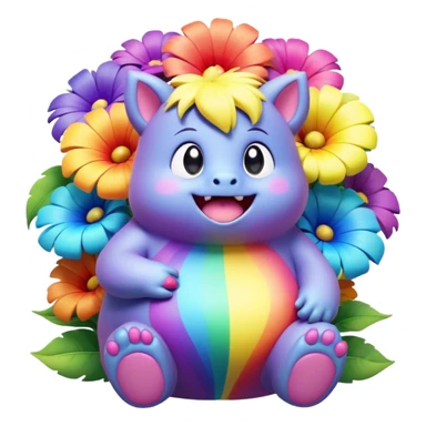 3D, Kawaii derpy fat rainbow monster sitting in a magical rainbow hued flower, rich textures, visually detailed, so lifelike that it feels like it could leap off the page at any moment sticker