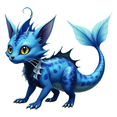 Epic complex abyssal fantasy swampy glorious detailed dark dusky gloomy deep gothic gloomy cobalt-blue-abyss-blue-black-greyish, realistic Fakémon-Sprigatito-Floragato-Meowscarada-Vaporeon-Salandit-Trico-Sergal-Serval-Vernid-creature (full body) with mermaid-ears, tail fin, shiny sparkly, iridescent sticker