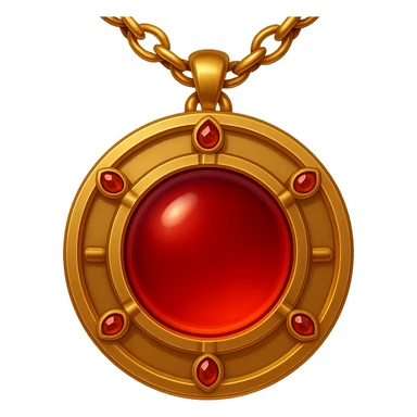 Make the garnet round and glowing wine-red, enchanted talisman of resilience, love, and becoming, golden chain, ethereal and moving, in emoji style sticker
