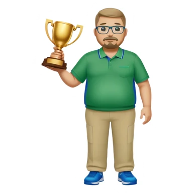  full body white obese male basketball coach with trophy. Goatee , Wearing glasses and blue and green nike polo shirt and khaki pants sticker