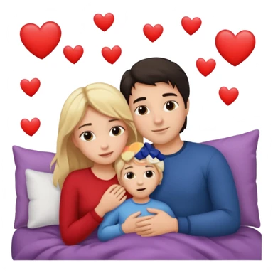 two people cuddling in bed. man has dark hair. woman is blonde. hearts surrounding them. sticker
