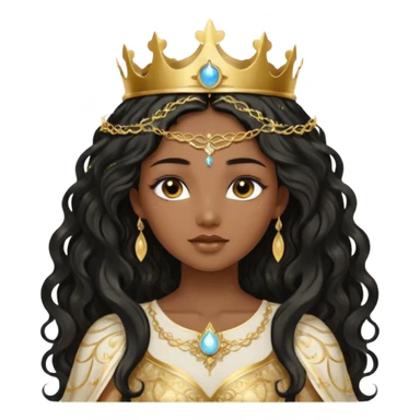 a black beautiful angel with gold pattern on her face and and long wavy black hair, she wears a ethereal crown with sparkling strings and a beautiful sparkling golden gown with moon crest in the middle of the gown, her face calm, gentle and kind, magical aura around her sticker