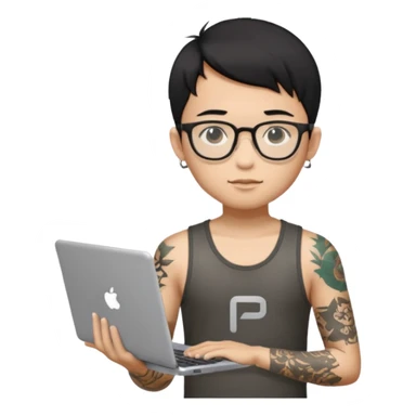 A young boy with A macbook laptop, black straight short hair, wearing glasses, wearing a tanktop, has tattoos, he is asian, no earrings, he's holding a laptop

Add the letters "P I F" floating around sticker
