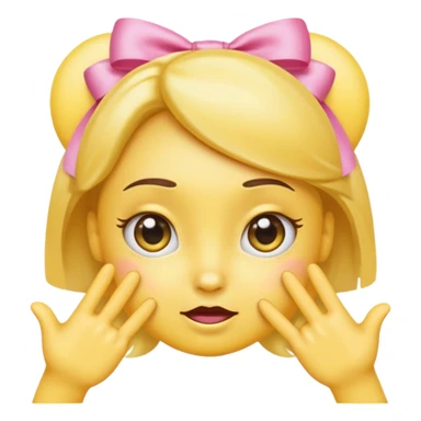 Cute yellow emoji face with big pleading shiny eyes, raised curved eyebrows, small shy smile, and both hands pointing index fingers toward each other. Add two small pink satin bows on top corners of the head. iOS-style, smooth digital look sticker
