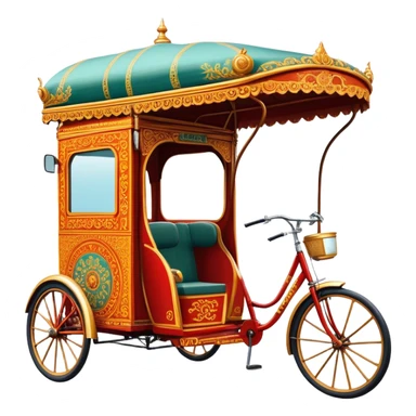 Cyclo rickshaw – Cinematic Realistic Cyclo Rickshaw, depicted as a charming, ornately painted three-wheeled cycle taxi with vintage detailing, set on bustling city streets under dynamic urban lighting that evokes cultural heritage and nostalgic charm. sticker