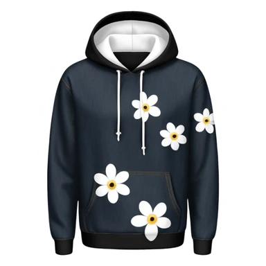 The BLACK Denim Tears Hoodie features a black base with distinctive white open flower spots with empty space in the middle, These hollow ring-like patterns are scattered across. BLACK AND WHITE FLOWERS sticker