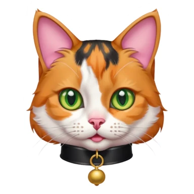 Cute calico tabby cat with green eyes, pink nose, and bold orange-white-brown fur. Wears a black collar with a bell. Expressive and sassy. sticker