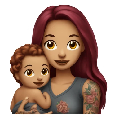 Beautiful tattooed burgundy long haired woman holding a baby sticker