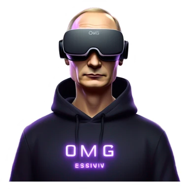 Vladimir Putin wearing a black hoodie with "OMG" letters on it and VR headset oculus quest 2 in a cyberpunk VR environment with violet neon lighting. sticker