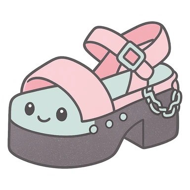 Add a subtle glitter effect to the black-to-pastel pink gradient platform sandals with silver studs and chains, kawaii style, no socks, no hearts, transparent background sticker