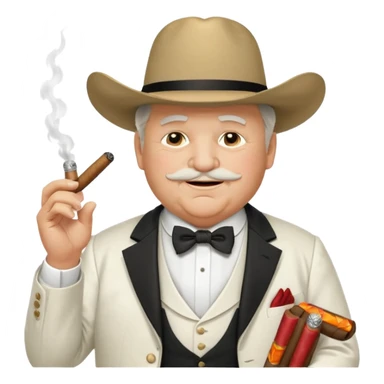 Create an emoji of an older, chubby man wearing an elegant all‑white suit with white waistcoat, white bow tie, and a large white cowboy hat. He is smirking confidently and holding a lit cigar in one hand in front of his chest. The character should look like a greedy, arrogant rich politician. sticker