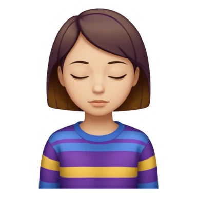 Humano de piel amarilla con los ojos cerrados y cara inexpresiva y pelo cafe corto al hombro con un suéter azul con rayas moradas  sticker