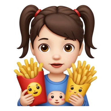 Toddler emoji with two pigtails dark brown hair, fair skin, holding French fries sticker