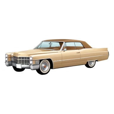 Extremely minimalist beige 1966 Cadillac DeVille, bare essential details, simple geometric shapes, 30-degree angle, Once Upon a Hollywood inspired, iOS emoji style sticker