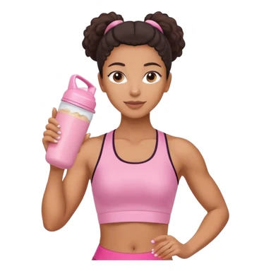 Mixed-race athletic woman with caramel skin, pastel pink shaker bottle and protein bar in hand, minimal background sticker