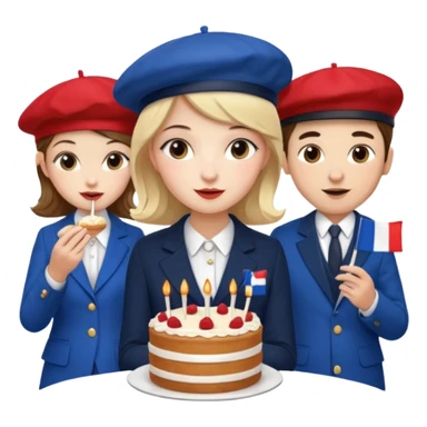 a french style elegant girl being recorded by 2 elegant guys with a french flag  and the girl eating a cake sticker