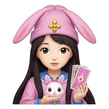 pixel art chibi asian girl with dark long hair in pink bunny hat magical girl with kawaii tarot cards thrown in air pixel emoji sticker