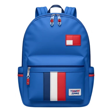 simple blue backpack, at the bottom pocket there is a  logo featuring a Tommy Jeans-inspired logo. The logo looks like A red and white vertically split flag-style patch on the bottom pocket.
 sticker